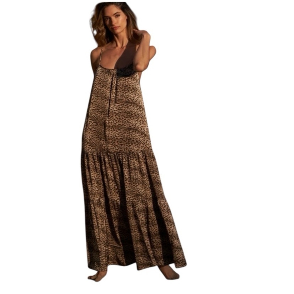 Trish Scully Satin Leopard tiered Maxi Dress animal print Western Resortwear